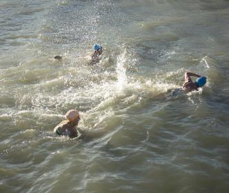 A group of people swimming in the sea