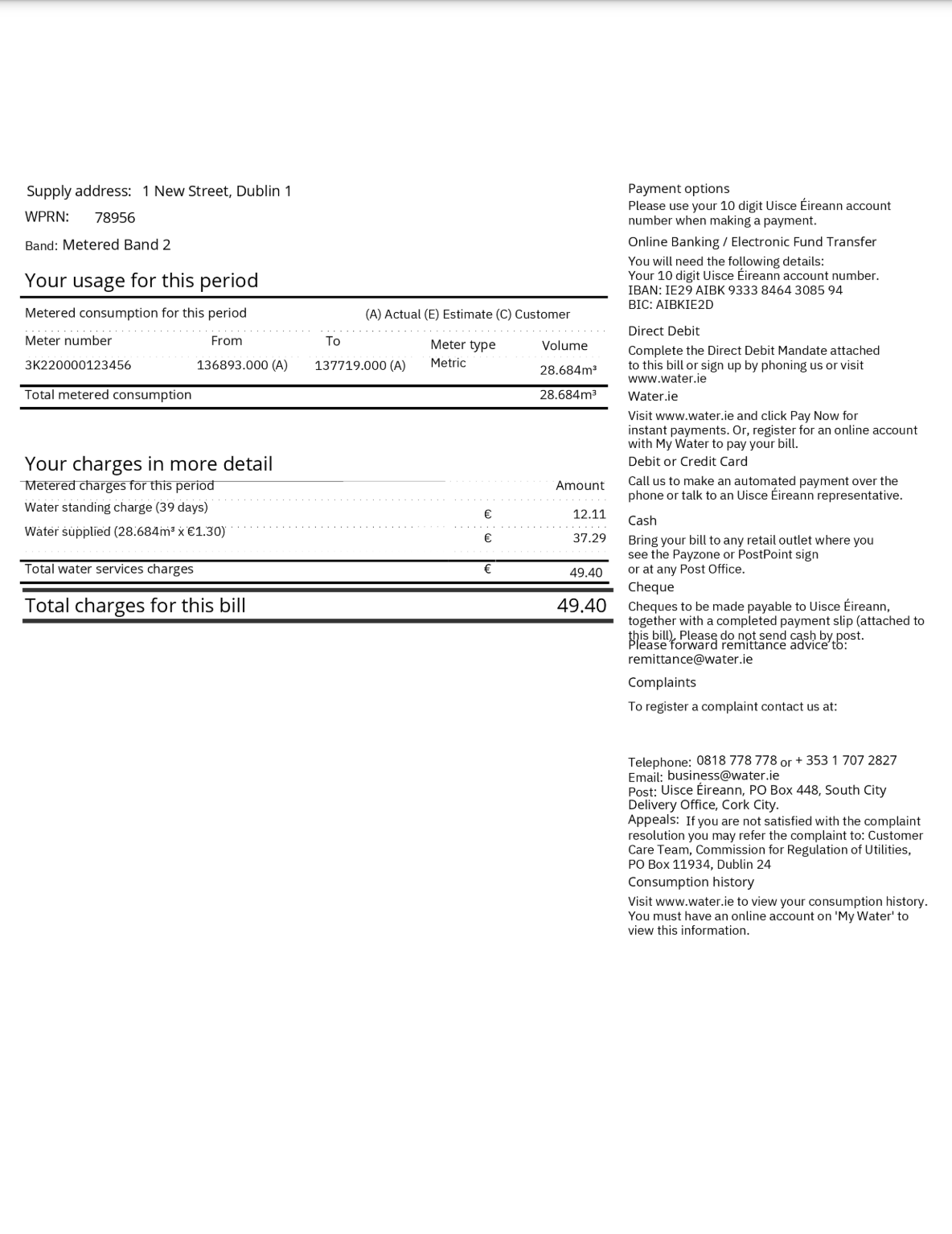 Back of the domestic water services unmetered bill